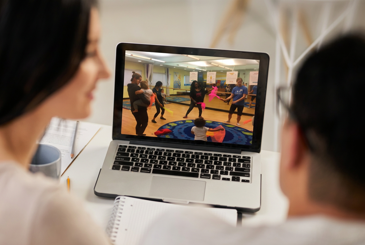Parents watching Monica lead a virtual movement session